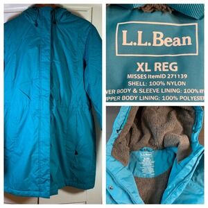 LLBean Turquoise Teal Parka‎ Jacket Coat Hooded Fleece Lined Womens XL Winter